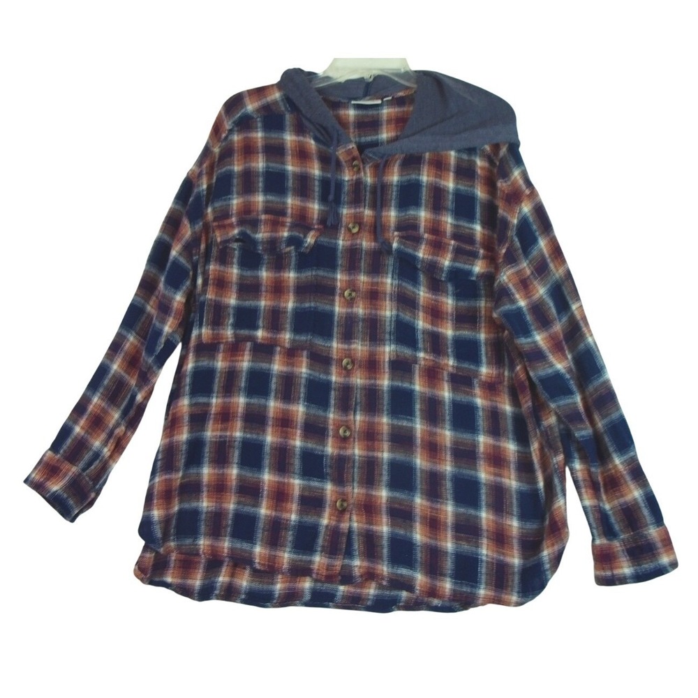 Kohl's So Boyfriend Hooded‎ Flannel Shirt Womens Juniors XL Blue Relaxed